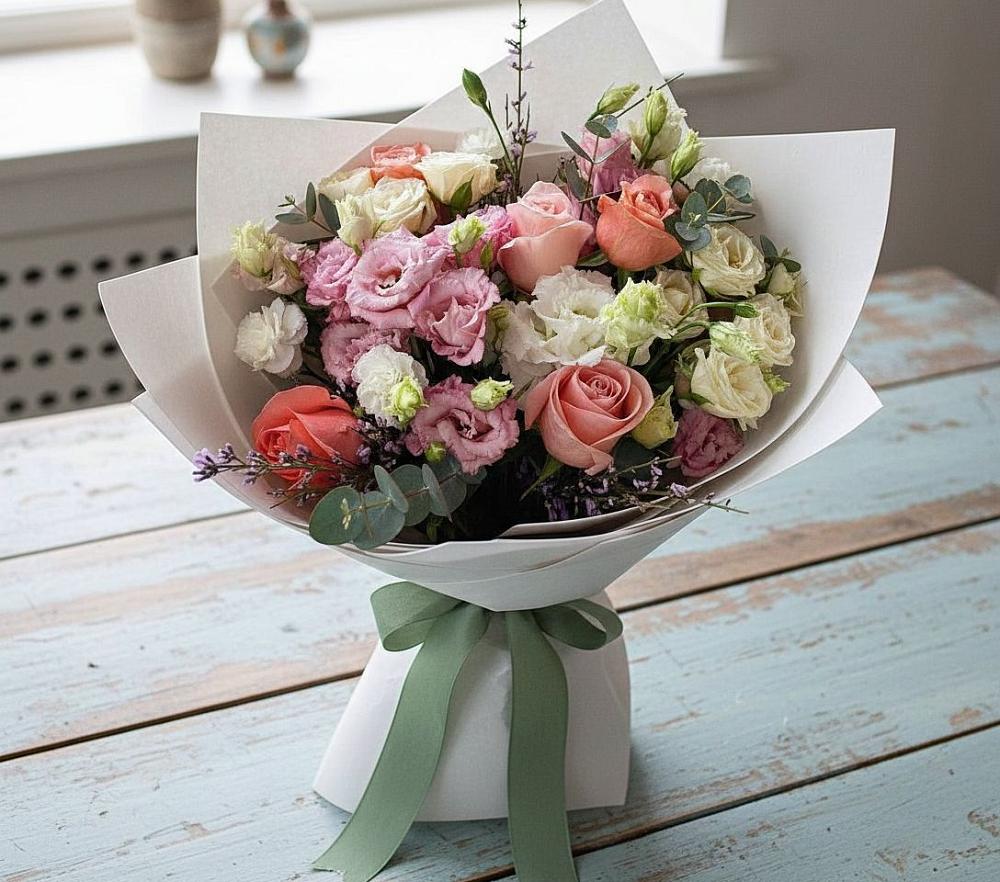 Букет цветов из: Розы, Лизиантусы и Гвоздики в Ямуге