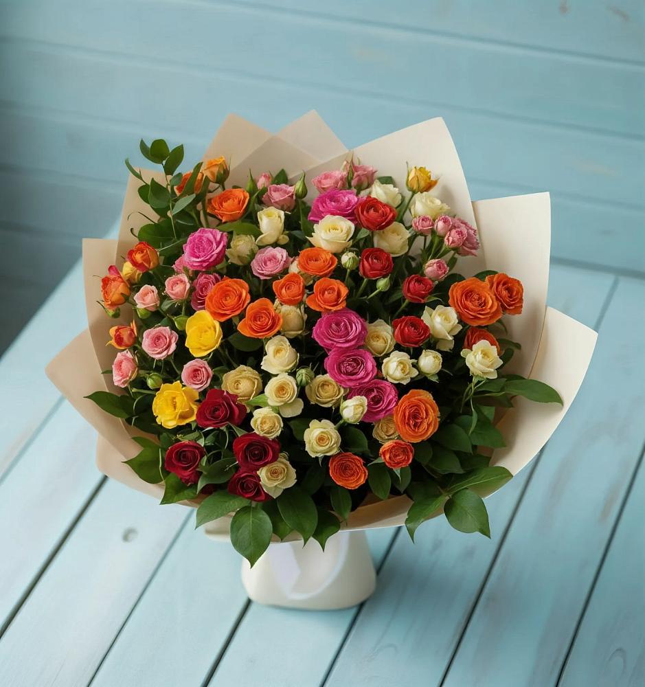 Букет Микс из разноцветных кустовых роз в Ямуге
