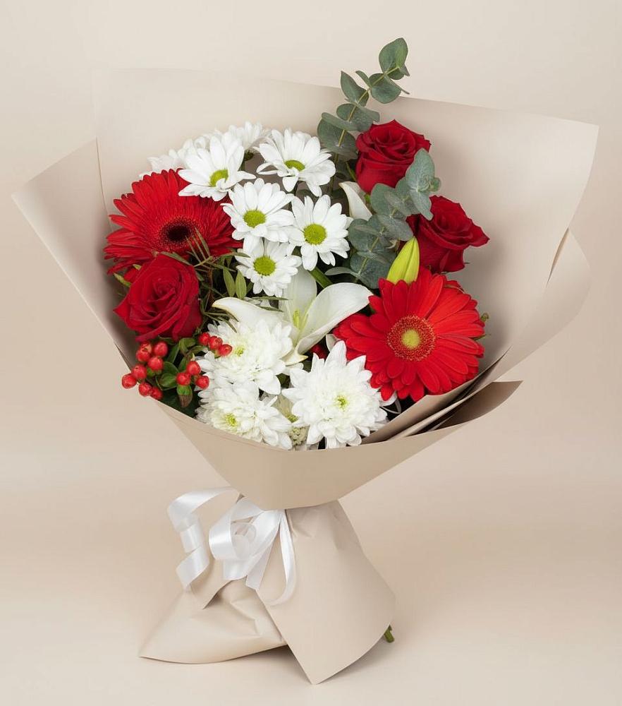 Букет цветов из: Розы, Хризантемы, Герберы и Лилии в Ямуге