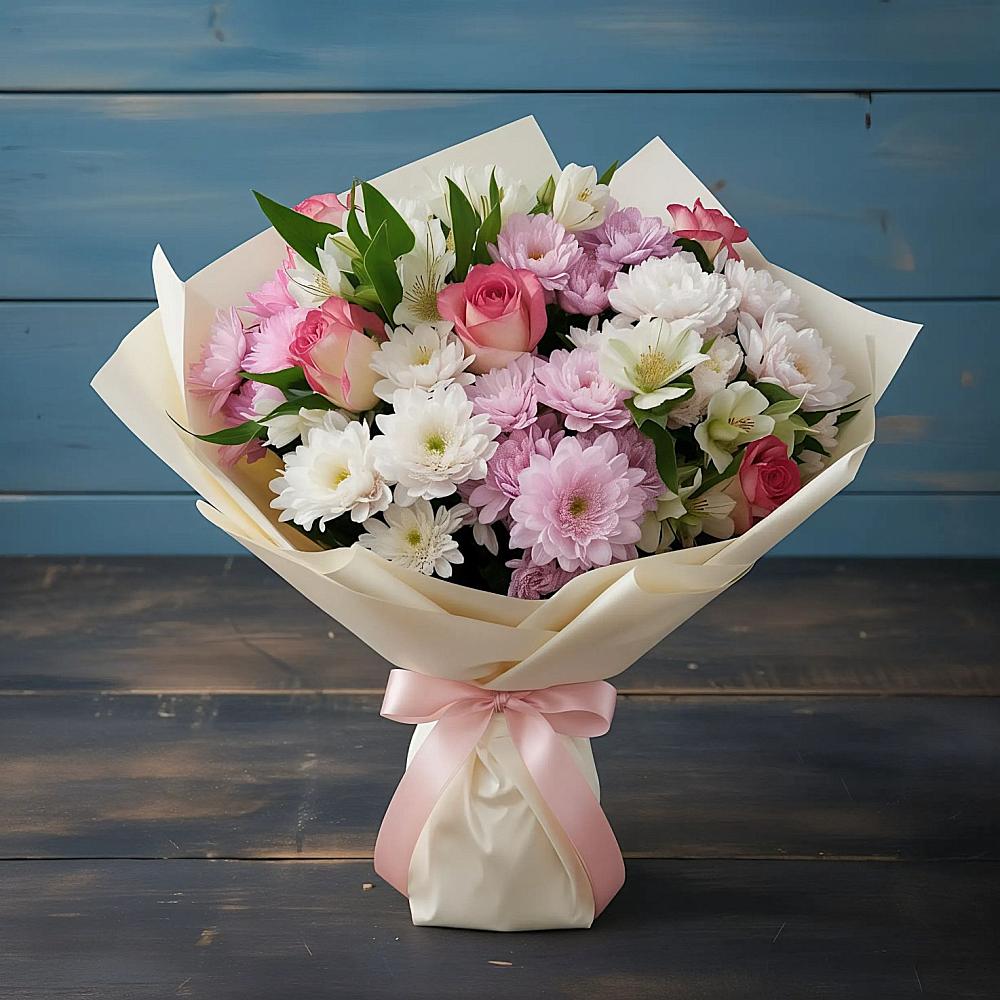 Букет цветов из: Хризантемы, Альстромерии и Розы в Ямуге